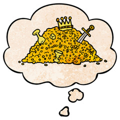 cartoon pile of treasure and thought bubble in grunge texture pattern style