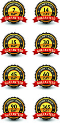Powerful money back guaranteed badge, sign, label, seal bundle with red ribbon on top.
