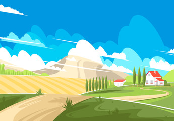 Vector illustration of village landscape with green fields and arable land for crops, village house on mountain background