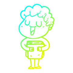 cold gradient line drawing laughing cartoon man with book