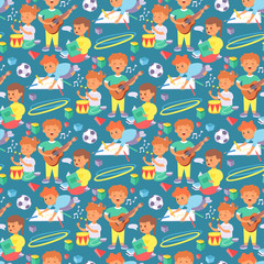 Children playing vector different types of home games little kids play summer outdoor active leisure childhood activity seamless pattern background.