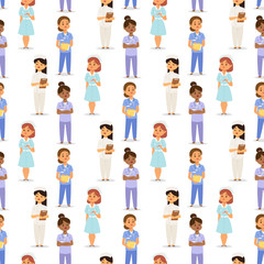 Doctor nurse character vector medical woman staff flat design hospital team people doctorate seamless pattern bakground illustration.