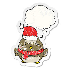 cute christmas owl and thought bubble as a distressed worn sticker