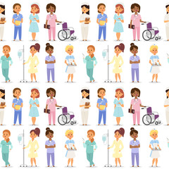 Doctor nurse character vector medical woman staff flat design hospital team people doctorate seamless pattern bakground illustration.