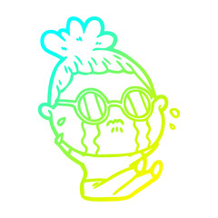 cold gradient line drawing cartoon crying woman wearing spectacles