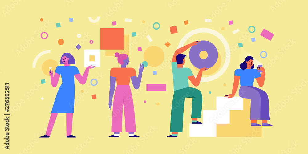 Poster vector illustration in simple flat style - teamwork and development concept - people holding abstrac