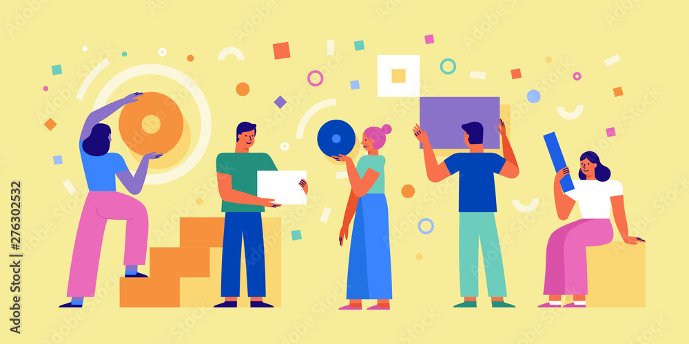 Poster Vector illustration in simple flat style - teamwork and development concept - people holding  abstract geometric shapes