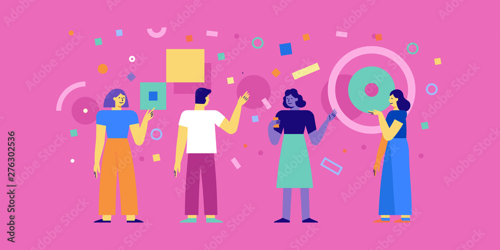 Poster vector illustration in simple flat style - teamwork and development concept - people holding abstrac