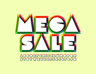 Vector trendy poster Mega Sale with colorful Uppercase Font. Modern bright Alphabet Letters and Numbers