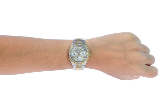 Hand with modern watch  isolated on white background