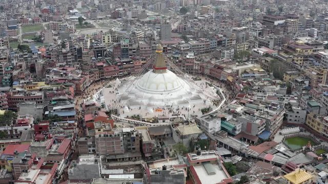 Nepal, Kathmandu. Boudhanath stupa. Aerial footage