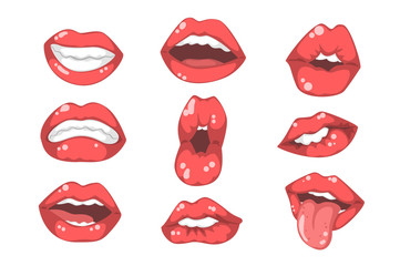 Set of red women s lips with different emotions. Female mouths with white teeth. Flat vector for mobile app, sticker or promo poster