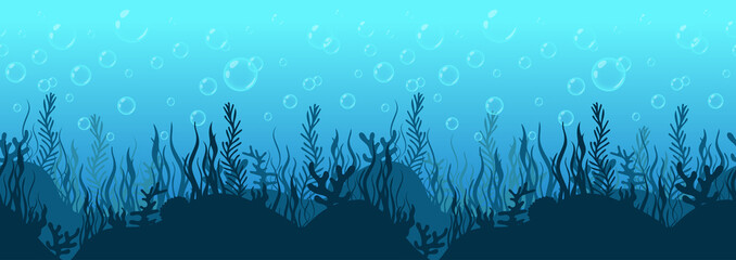 Underwater World Background Sea Bottom Silhouette With Algae And