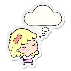 cartoon happy girl and thought bubble as a printed sticker