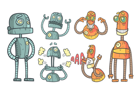 Vector set with robots in outline style with colorful fill. Gray and orange mechanical androids with different emotions