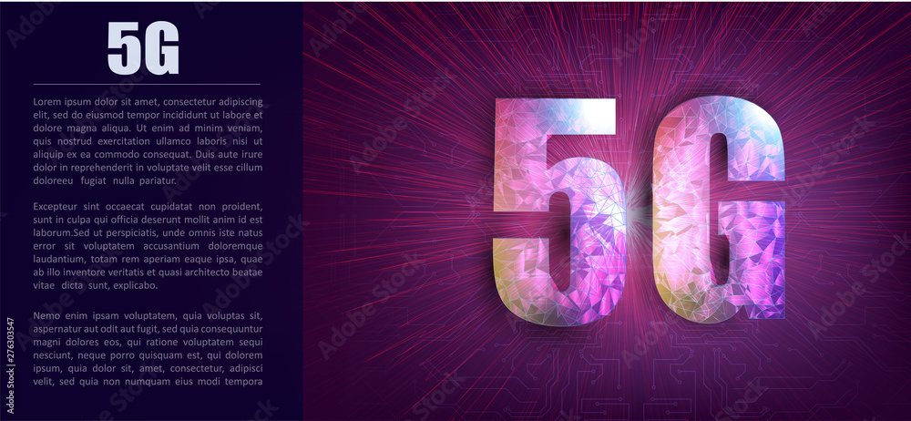 Wall mural 5G new wireless internet wifi connection. 5g superspeed data channel. Wireless speed loop connect. Abstract polygonal light 5G WiFi sign. Business wireframe mesh spheres from flying debris. vector 