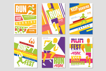 Fototapeta premium Run fest posters set, running marathon, sport and competition colorful design element for card, banner, print, badge vector Illustrations