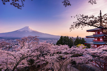  夕日に染まる新倉山浅間公園 忠霊塔と富士山