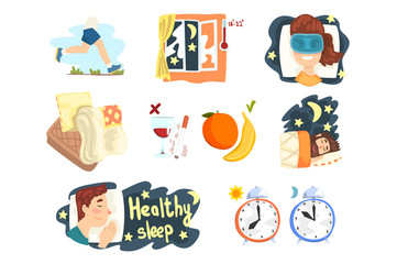 Flat vector set of cartoon infographic elements with tips and tricks for healthy sleep. Graphic design for presentation, poster or banner
