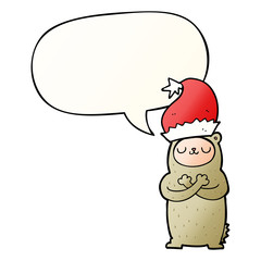 cartoon bear wearing christmas hat and speech bubble in smooth gradient style