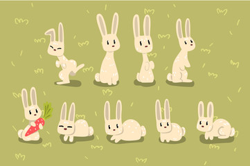 Flat vector set of small bunny in different poses on green grass. Funny animal with long ears. Elements for children book, postcard or print