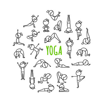Yoga poses hand drawn illustrations. Vector round yoga concepts. Sport lifestyle outline symbols