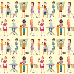 Housewifes homemaker woman cute cleaning cartoon girl seamless pattern background housewifery female wife character vector illustration.