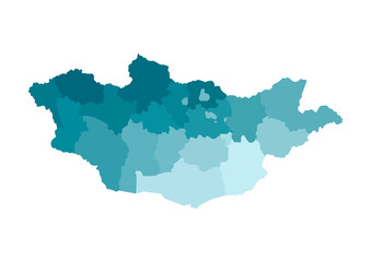 Vector isolated illustration of simplified administrative map of Mongolia. Borders of the regions. Colorful blue khaki silhouettes
