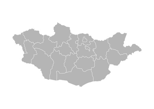 Vector isolated illustration of simplified administrative map of Mongolia. Borders of the provinces (regions). Grey silhouettes. White outline