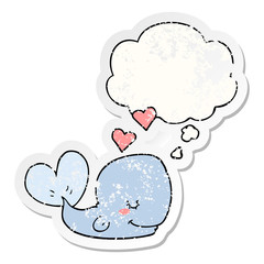 cartoon whale in love and thought bubble as a distressed worn sticker