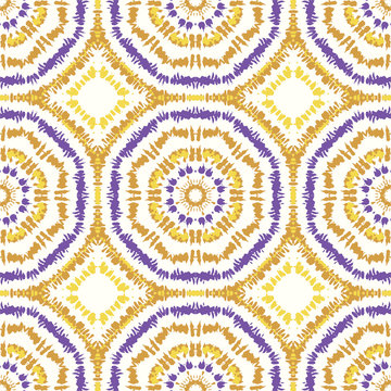 Bright Purple and Mustard Tie-Dye Shibori Sunburst Kaleidoscope Mirrored Hexagon Mandala Vector Seamless Pattern