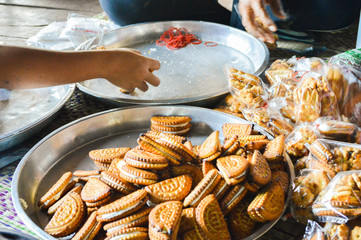 Cookies stuffed with milk cream, wrapped in plastic packs, snacks for leisure, focus selection