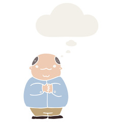 cartoon balding man and thought bubble in retro style