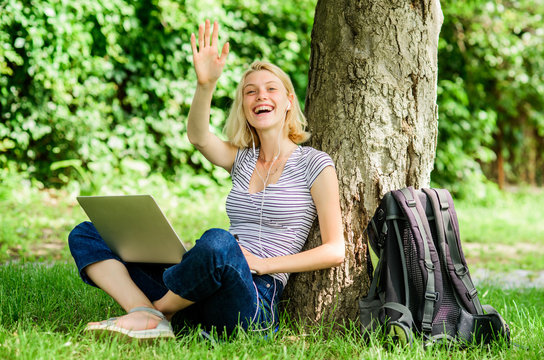 Girl work with laptop in park. Reasons why you should take your work outside. Woman student sit on grass while study. Nature essential wellbeing and ability be productive. Work in summer park