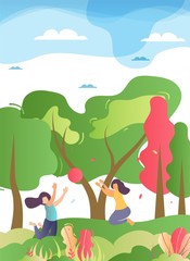 Happy Family Playing Ball in Forest Illustration