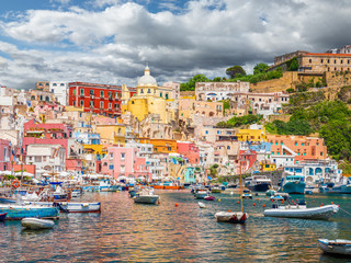 Fototapeta na wymiar Landscape with colorful houses on Procida island, Italy