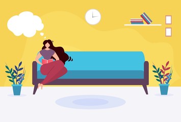 Young Pretty Woman Reading Book on Sofa Cartoon