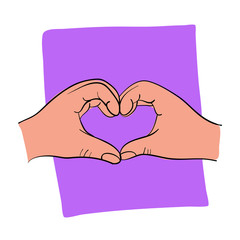 Hands in the form of heart isolated on violet background. Outline hand drawn vector illustration.