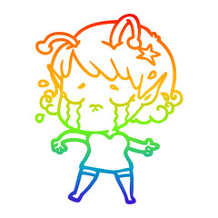 rainbow gradient line drawing cartoon crying alien girl