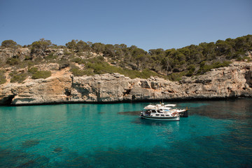 Beautiful view of cala des moro Mallorca, Spain. Bathing beach. Mediterranean sea.Idyllic turquoise crystal clear beach bay