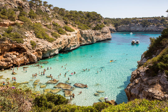 Beautiful view of cala des moro Mallorca, Spain. Bathing beach. Mediterranean sea.Idyllic turquoise crystal clear beach bay