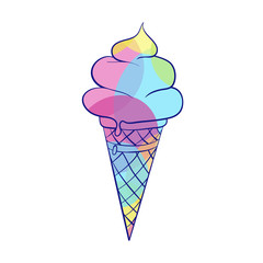 Colorful ice cream on white background. Symbol of summer. Logo for ice cream cafe. Print for card, poster. Hand drawn doodle illustration.