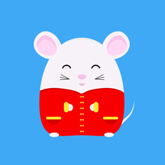 Chinese New Year 2020. Year of rat. Cute white rat in traditional chinese costume. Zodiac symbol of the year 2020. Vector illustration for banner, poster, greeting card.