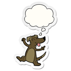 cartoon dancing dog and thought bubble as a printed sticker