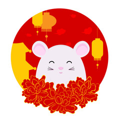 Zodiac of year 2020. Chinese New Year 2020. Year of white rat. Vector element with cute rat in sakura flowers, traditional chinese lantern and houses. Illustration for greeting card, poster, banner.