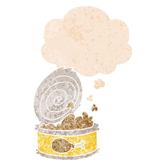 cartoon canned food and thought bubble in retro textured style