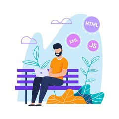 Programmer Working on Laptop in Park Flat Cartoon
