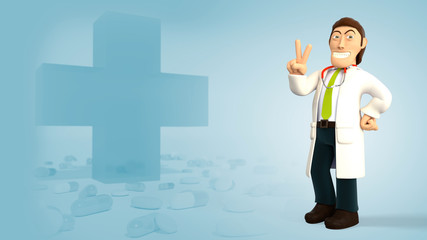 Cartoon 3d doctor with a stethoscope smiling and waving a v sign on a blue background with medical cross and pills 3d rendering