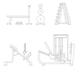 Contour Set of simulators for the gym - bench press, load for rod, hyperextension, cardio, exercise for the legs.