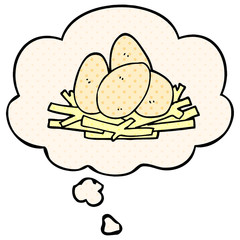 cartoon eggs in nest and thought bubble in comic book style
